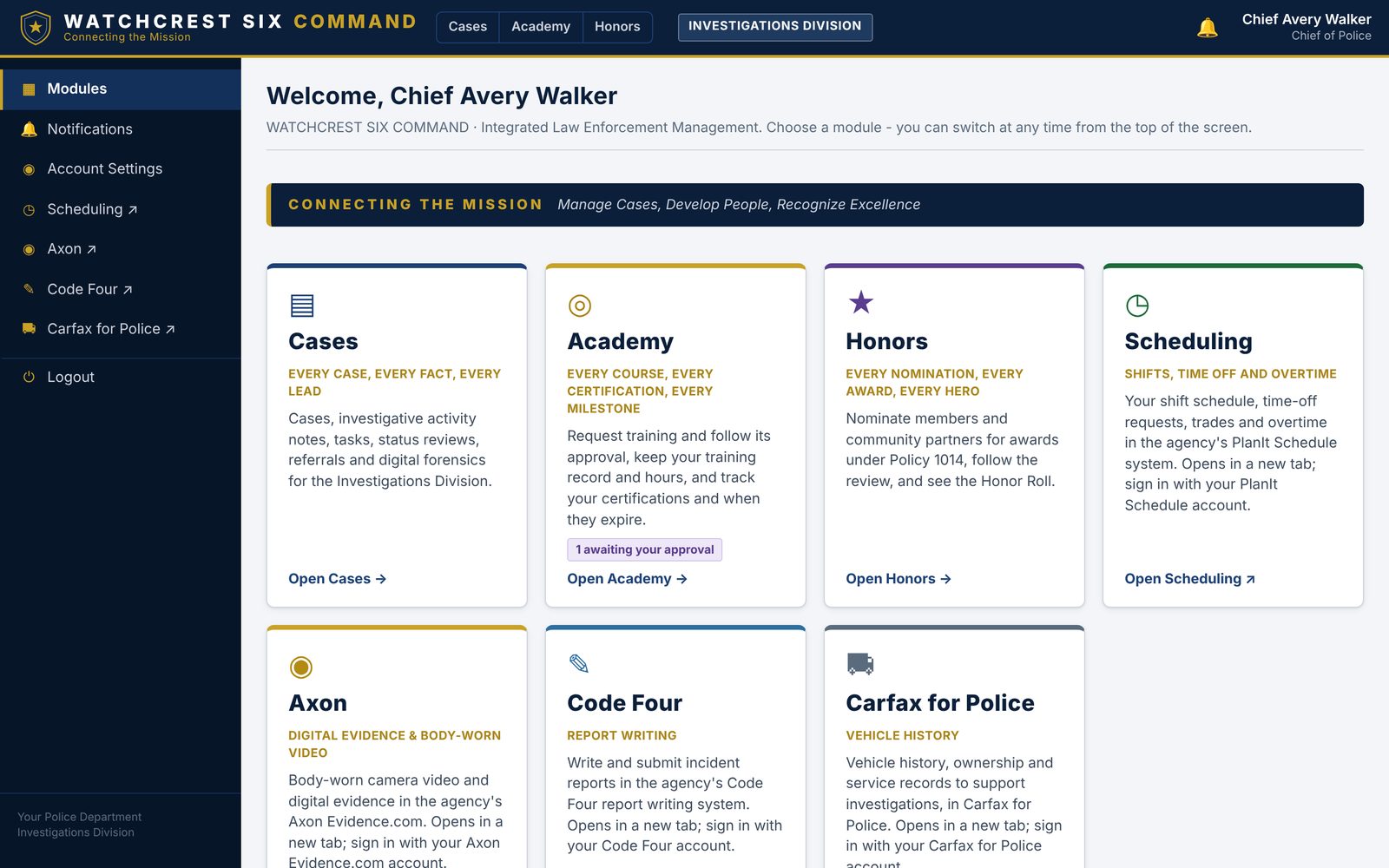 The Command home screen: Cases, Academy and Honors modules beside tiles for Scheduling, Axon, Code Four and Carfax for Police