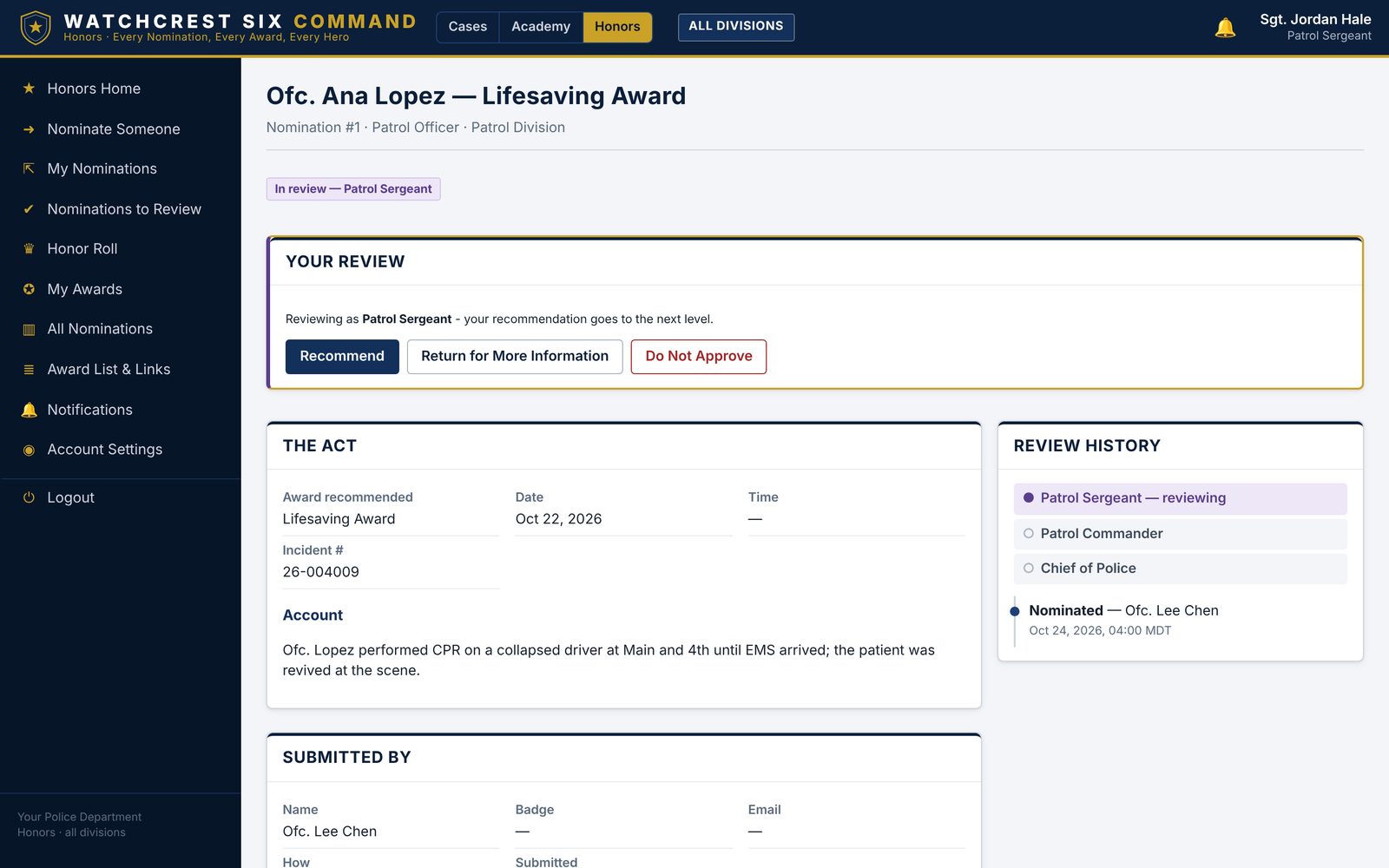 A Lifesaving Award nomination under review, with its review history